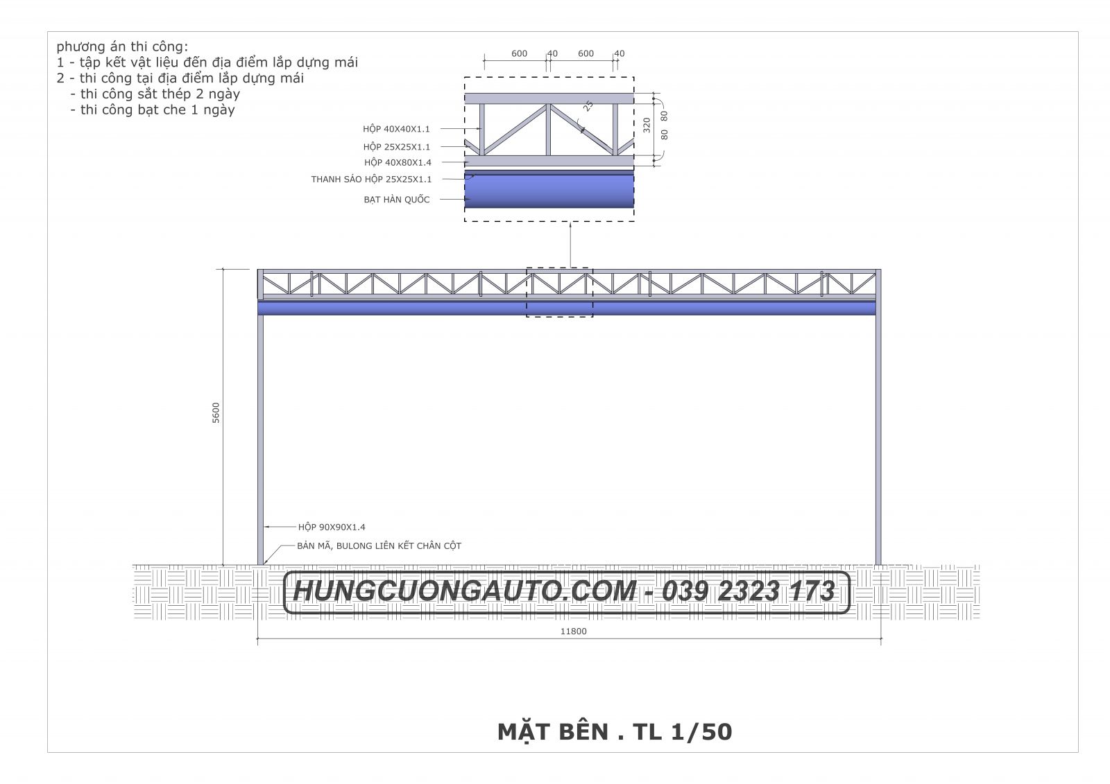 Bản vẽ mái bạt xếp di động nhà xe