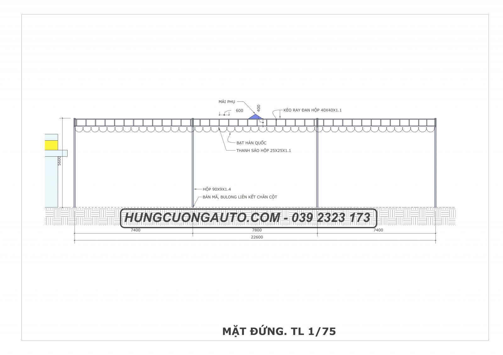 Bản vẽ mái bạt xếp di động nhà xe