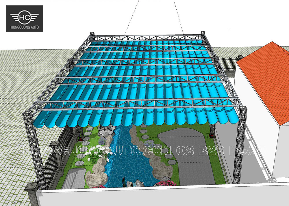 Bản vẽ mái xếp 10x16m cho sân vườn, hồ cá koi đẹp nhất