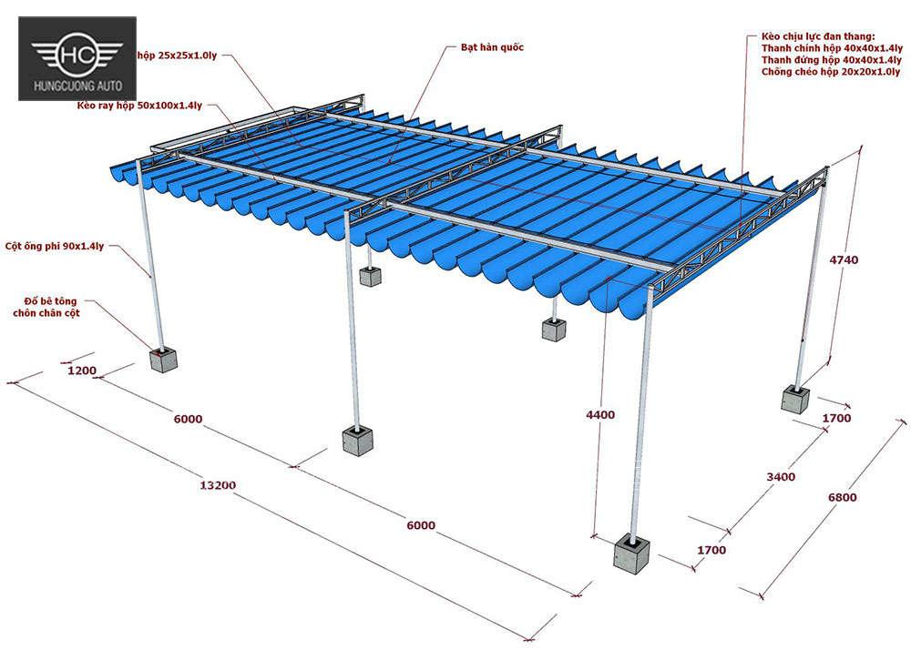 Bản vẽ mái bạt xếp di động 13.2m x6.8m