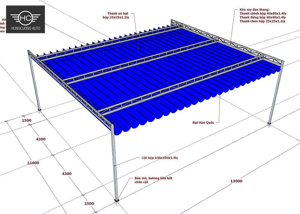 Bản vẽ mái xếp bạt ké 13m x 11.6m