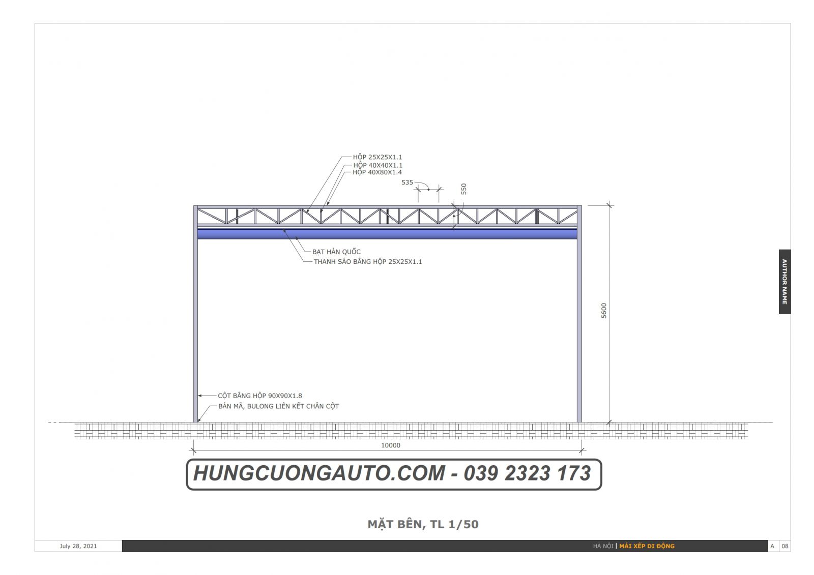 Bản vẽ mái xếp di động cho đình , chùa kích thước 10mx10.2m