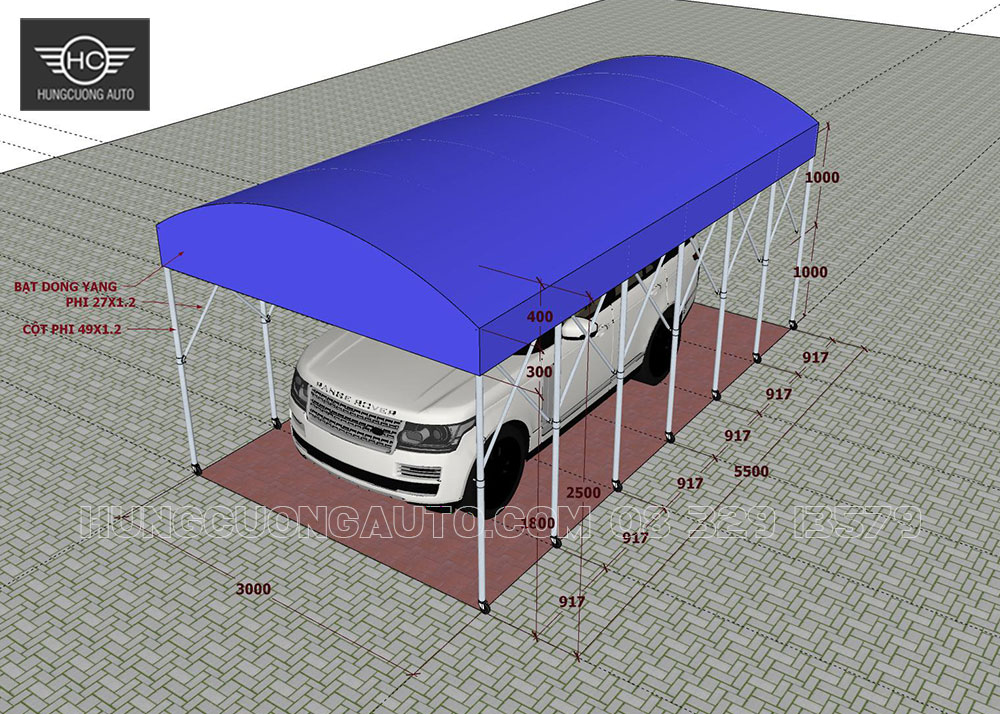 Bản vẽ nhà bạt xếp di động - punta che xe ô tô 3x5.5 m
