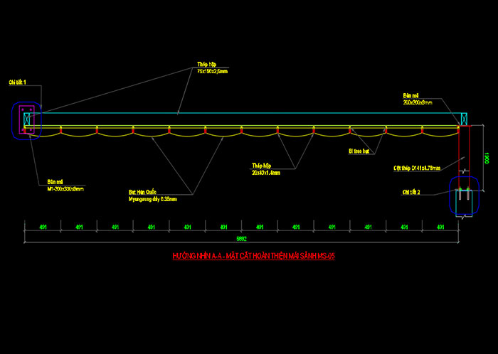 [Download] Tải bản vẽ cad mái che bạt xếp di động 7mx5.5m